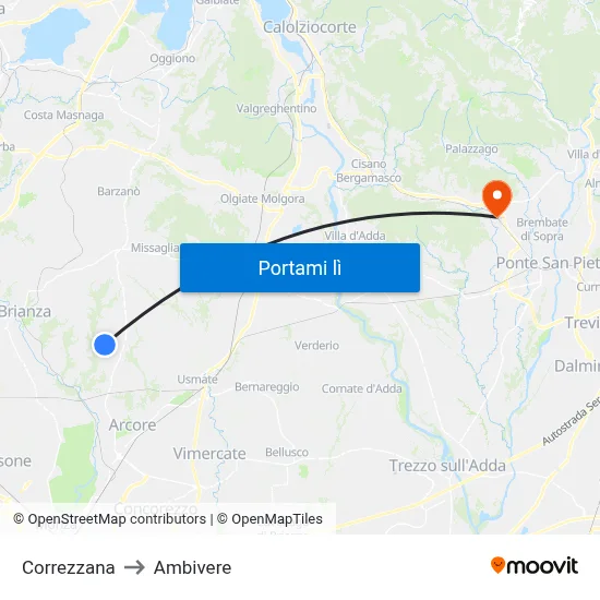Correzzana to Ambivere map