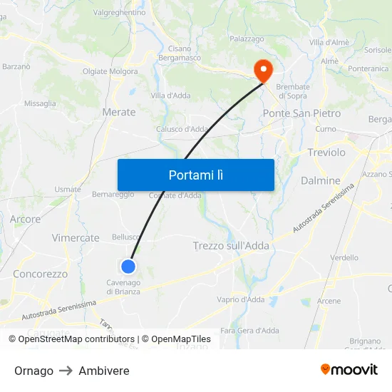 Ornago to Ambivere map
