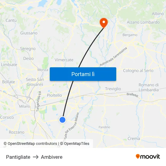 Pantigliate to Ambivere map