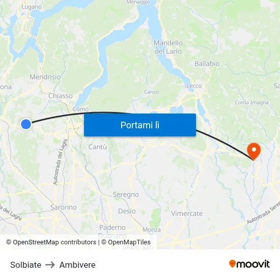 Solbiate to Ambivere map
