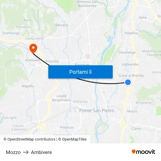 Mozzo to Ambivere map