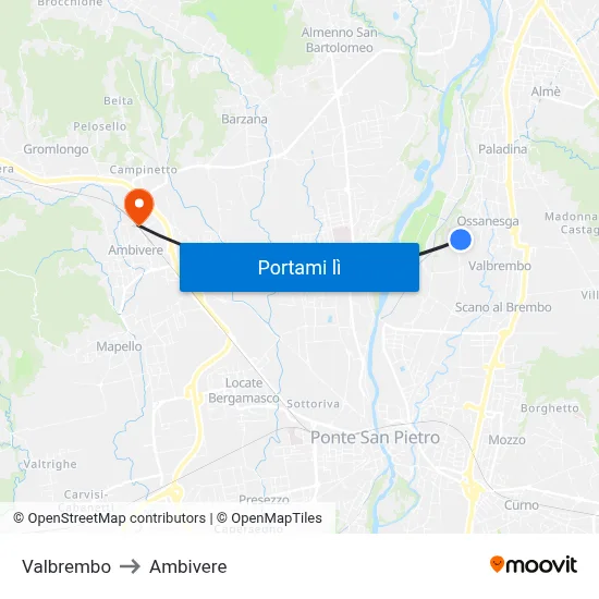 Valbrembo to Ambivere map