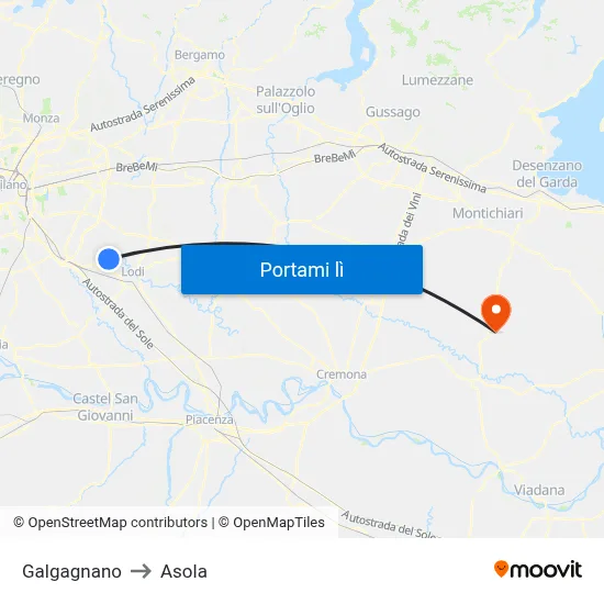 Galgagnano to Asola map