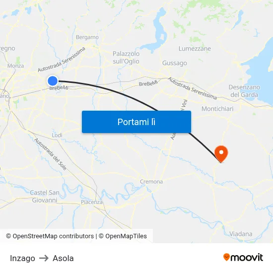 Inzago to Asola map