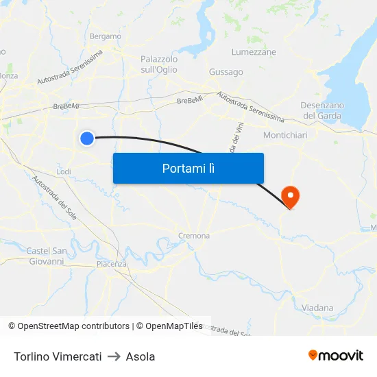 Torlino Vimercati to Asola map