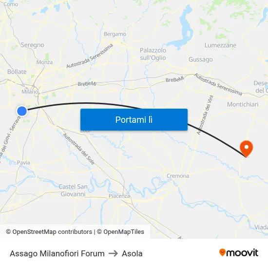 Assago Milanofiori Forum to Asola map