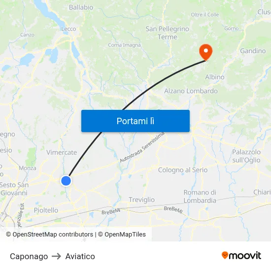 Caponago to Aviatico map
