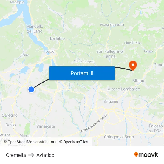 Cremella to Aviatico map