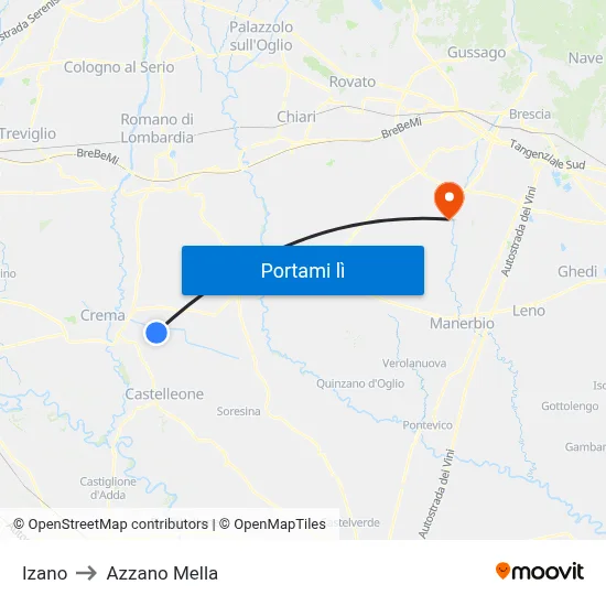 Izano to Azzano Mella map