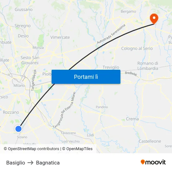 Basiglio to Bagnatica map