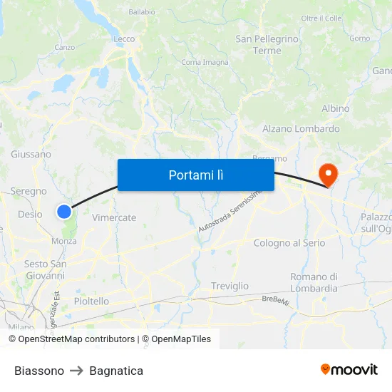 Biassono to Bagnatica map