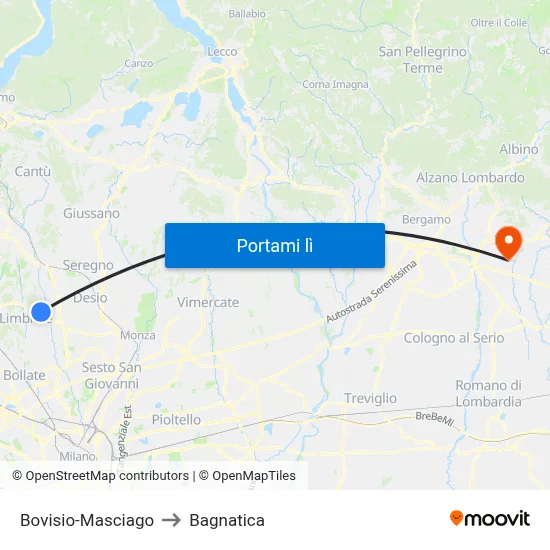 Bovisio-Masciago to Bagnatica map