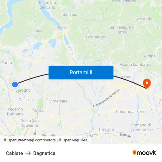 Cabiate to Bagnatica map
