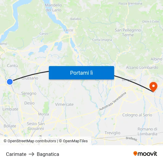 Carimate to Bagnatica map