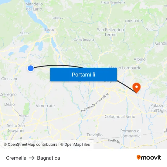 Cremella to Bagnatica map
