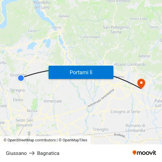 Giussano to Bagnatica map