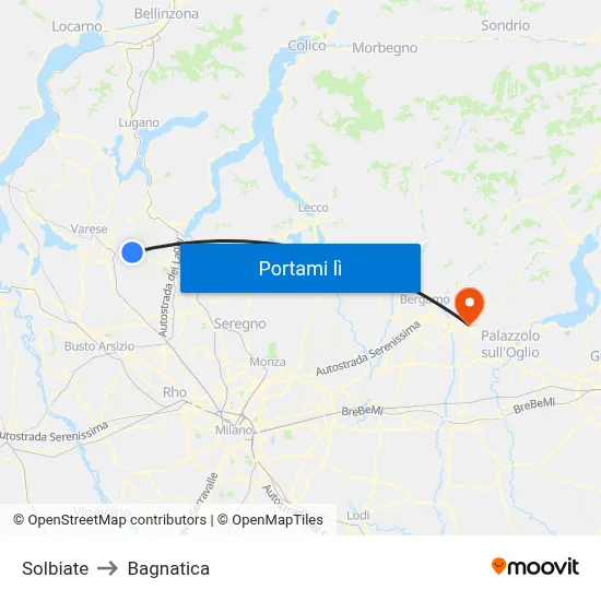 Solbiate to Bagnatica map