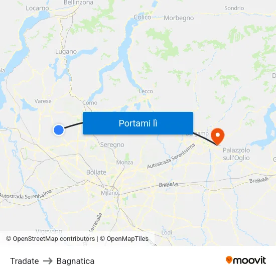Tradate to Bagnatica map