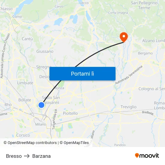 Bresso to Barzana map