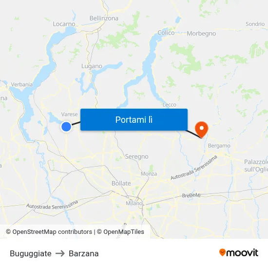 Buguggiate to Barzana map