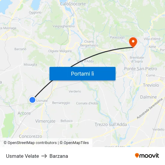 Usmate Velate to Barzana map