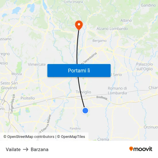 Vailate to Barzana map