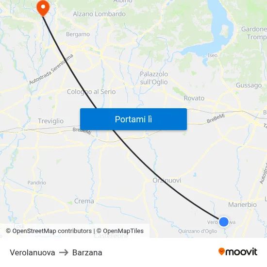 Verolanuova to Barzana map
