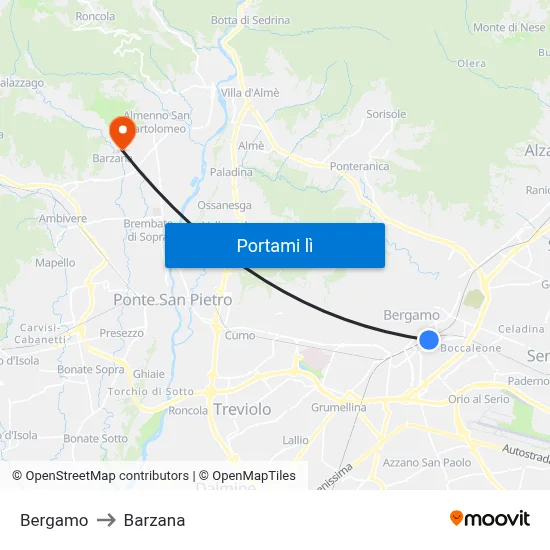 Bergamo to Barzana map