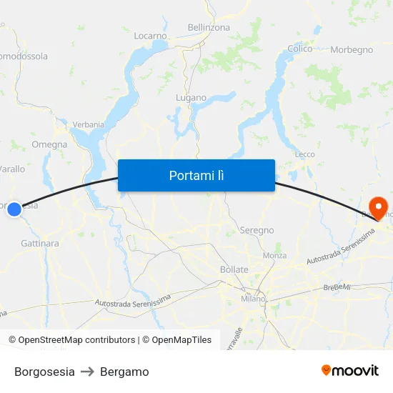 Borgosesia to Bergamo map
