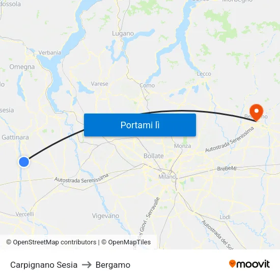 Carpignano Sesia to Bergamo map
