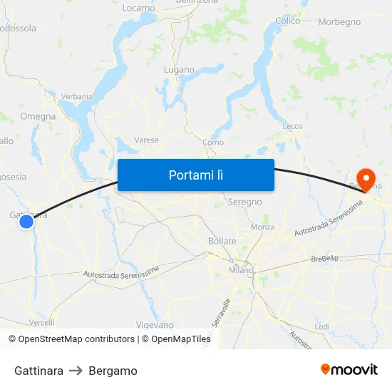 Gattinara to Bergamo map