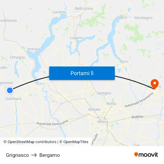 Grignasco to Bergamo map