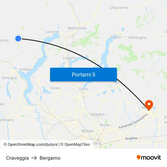 Craveggia to Bergamo map