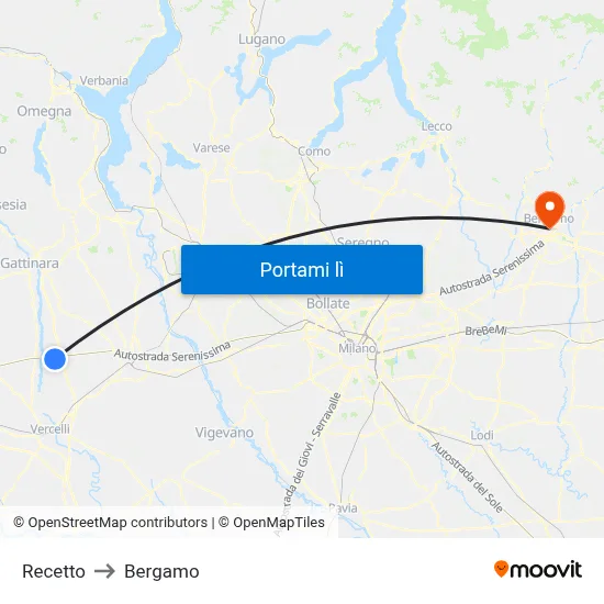 Recetto to Bergamo map