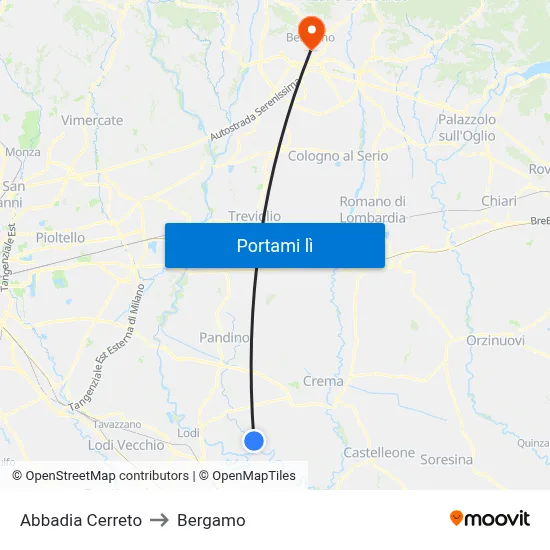 Abbadia Cerreto to Bergamo map