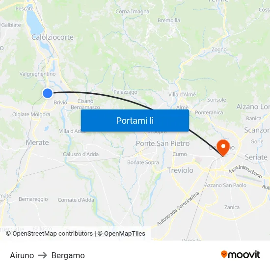 Airuno to Bergamo map