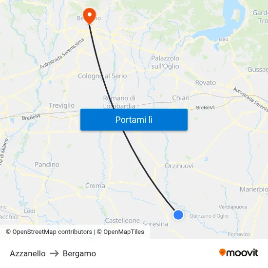 Azzanello to Bergamo map