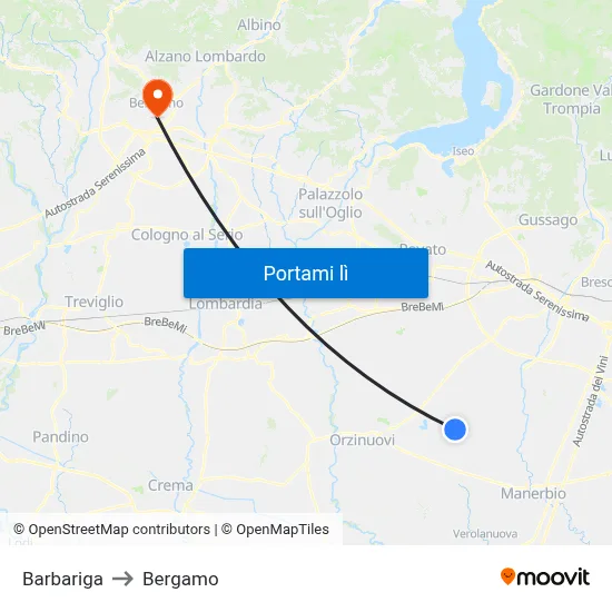 Barbariga to Bergamo map