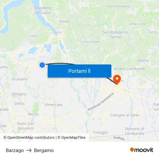 Barzago to Bergamo map