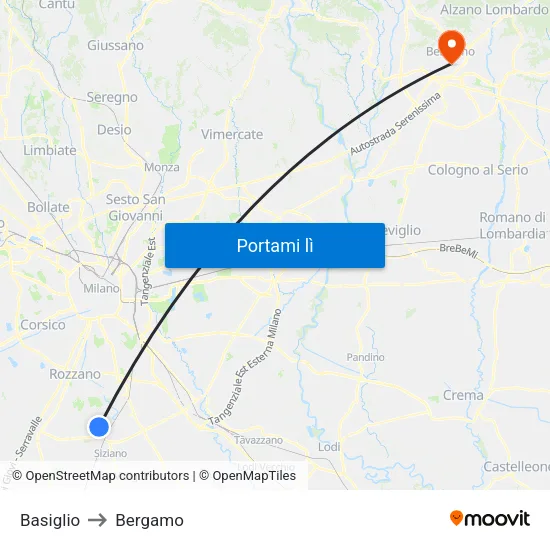Basiglio to Bergamo map