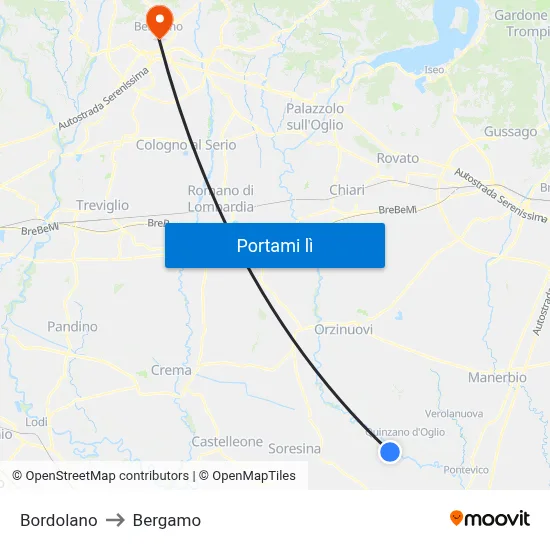 Bordolano to Bergamo map