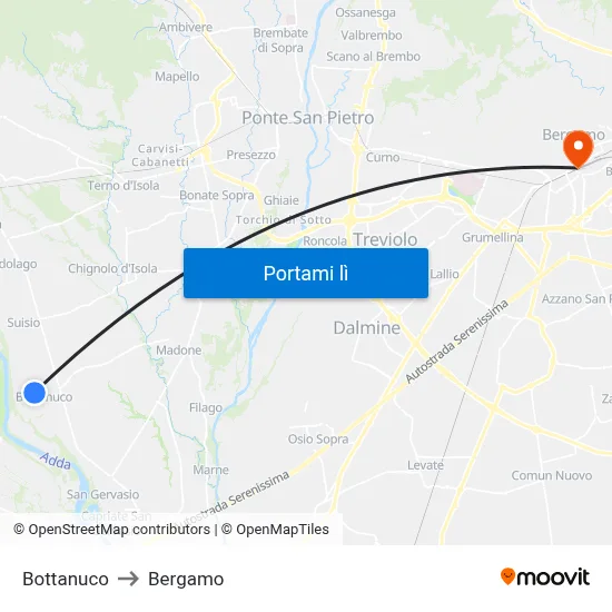 Bottanuco to Bergamo map