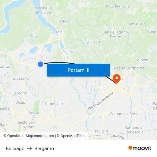 Bulciago to Bergamo map