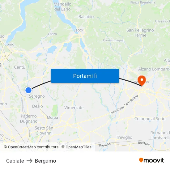 Cabiate to Bergamo map