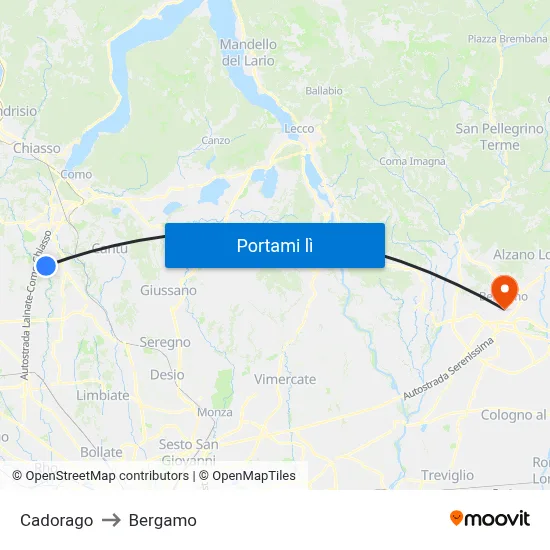 Cadorago to Bergamo map