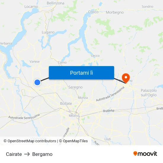 Cairate to Bergamo map