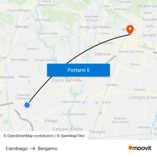 Cambiago to Bergamo map