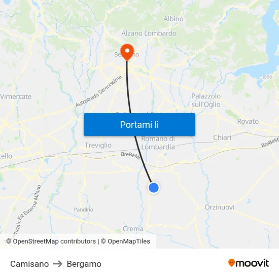 Camisano to Bergamo map