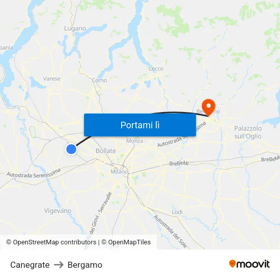 Canegrate to Bergamo map
