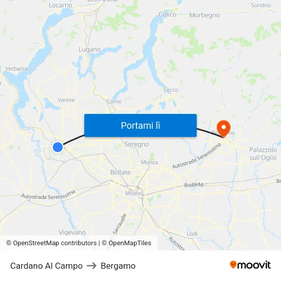 Cardano Al Campo to Bergamo map